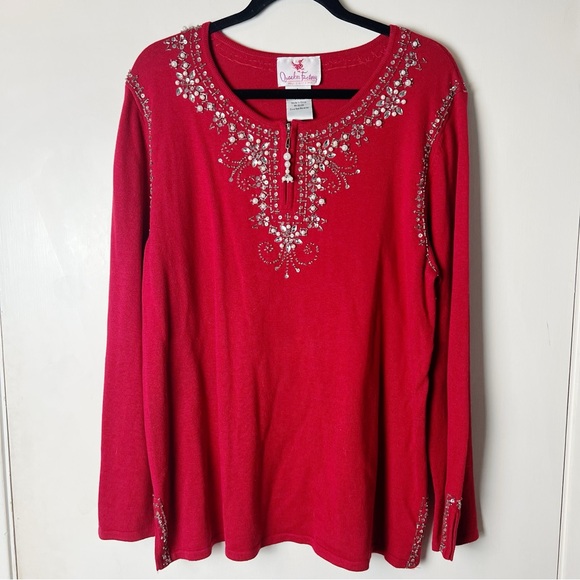 Quacker Factory - Women’s Beaded 1/4 Zip Knit Sweater Pullover Red - Sz.‎ L - Picture 1 of 6